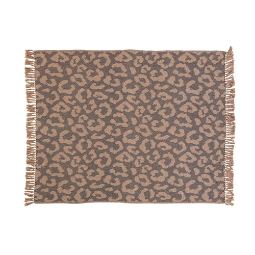 Leopard Print Throw w/ Fringe, Black & Tan