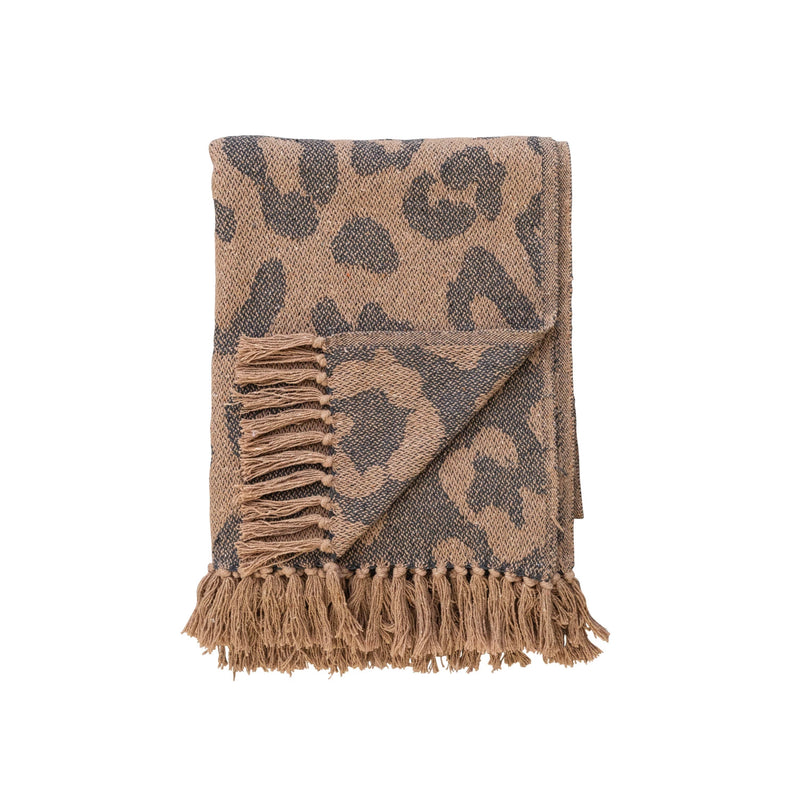 Leopard Print Throw w/ Fringe, Black & Tan