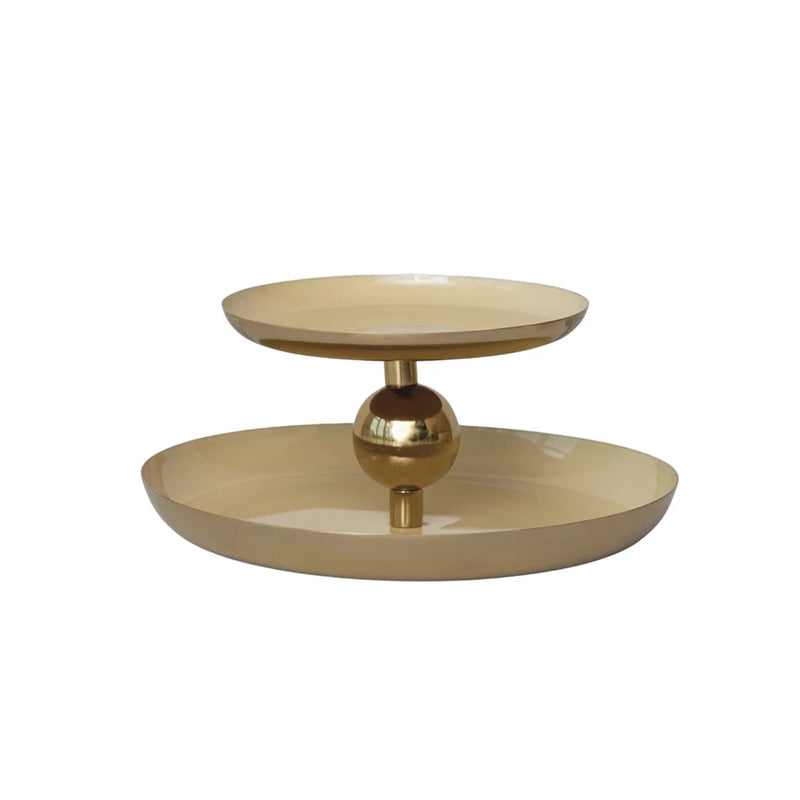 Enameled Metal 2-Tier Tray, Yellow & Gold Finish