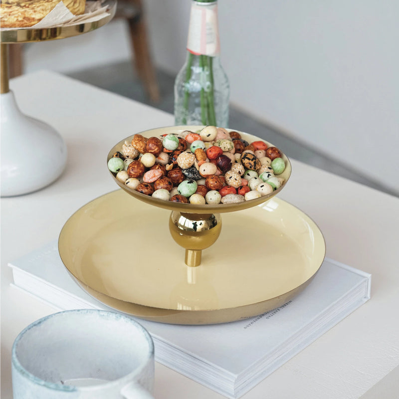 Enameled Metal 2-Tier Tray, Yellow & Gold Finish