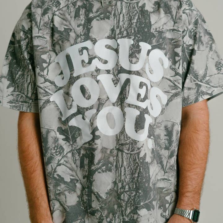 Jesus Loves You Tee | Heavyweight Midnight Oak Camo Tee Oversized