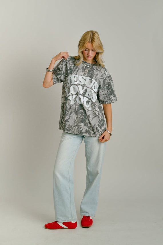 Jesus Loves You Tee | Heavyweight Midnight Oak Camo Tee Oversized