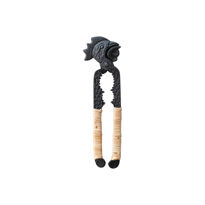 Cast Iron Rooster Nutcracker w/ Bamboo Wrapped Handles, Gunmetal Finish, Natural