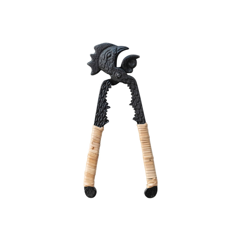 Cast Iron Rooster Nutcracker w/ Bamboo Wrapped Handles, Gunmetal Finish, Natural