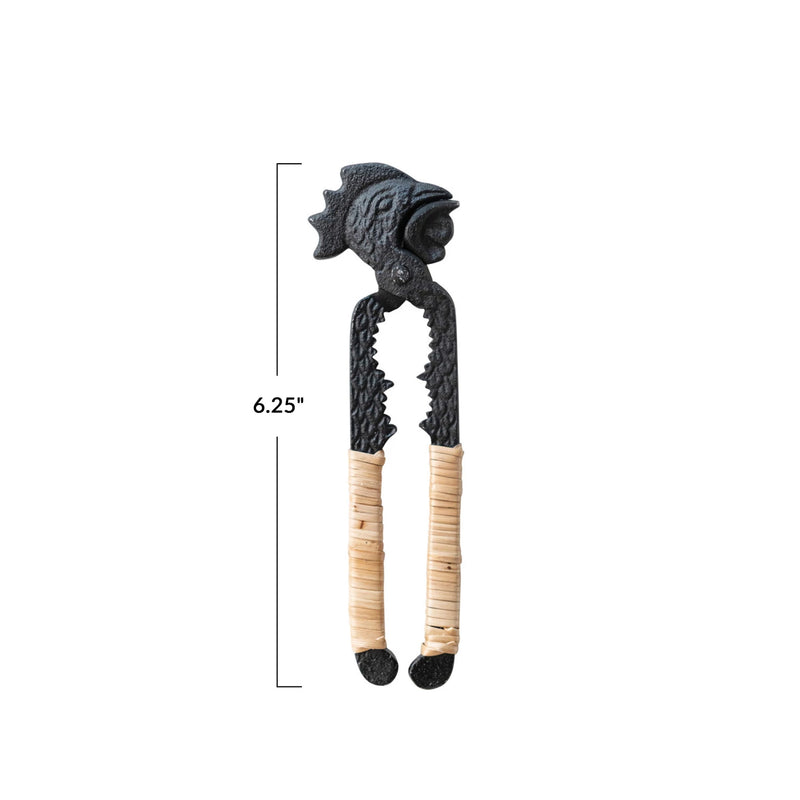 Cast Iron Rooster Nutcracker w/ Bamboo Wrapped Handles, Gunmetal Finish, Natural