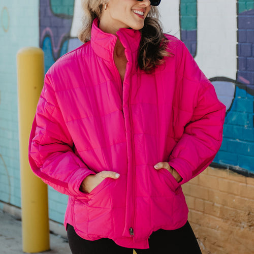 Hot Pink Quilted Squares Zipper Jacket