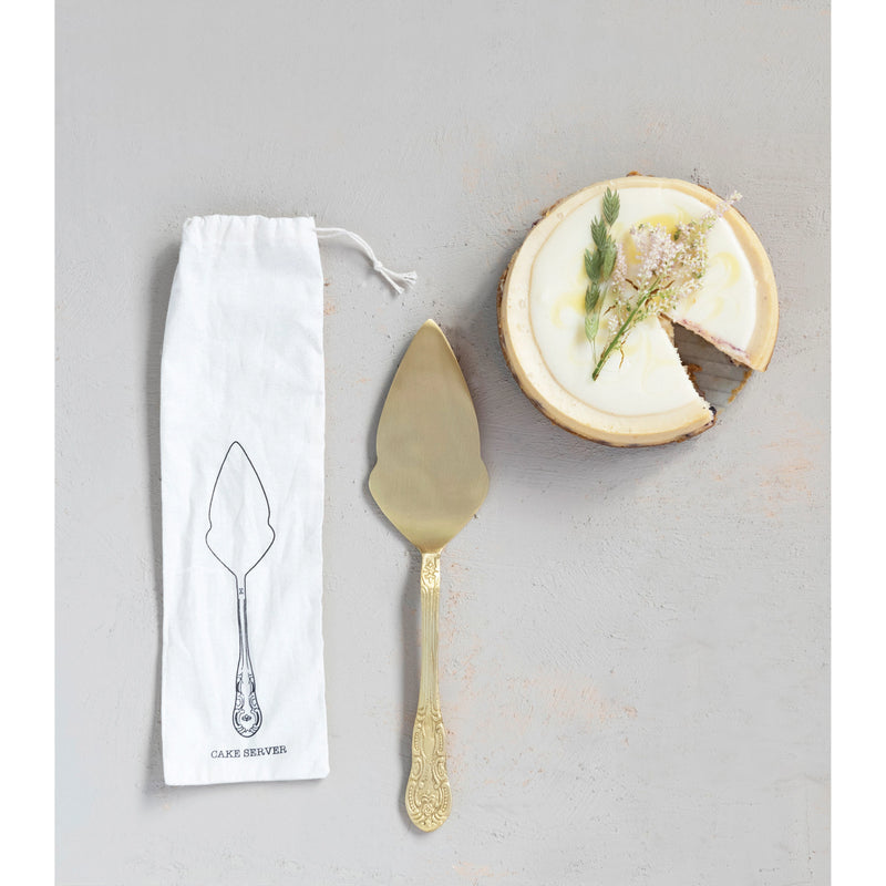 Brass Cake Server in Printed Drawstring Bag