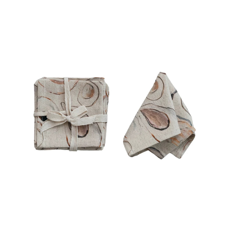 Cotton & Linen Printed Cocktail Napkins w/ Oysters Pattern, Set of 4