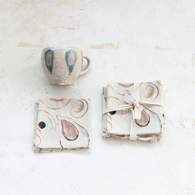 Cotton & Linen Printed Cocktail Napkins w/ Oysters Pattern, Set of 4