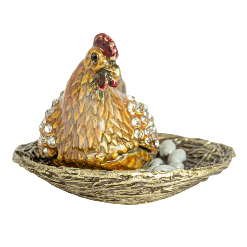Enameled Metal Hen On Nest Shaped Trinket Box w/ Jewels