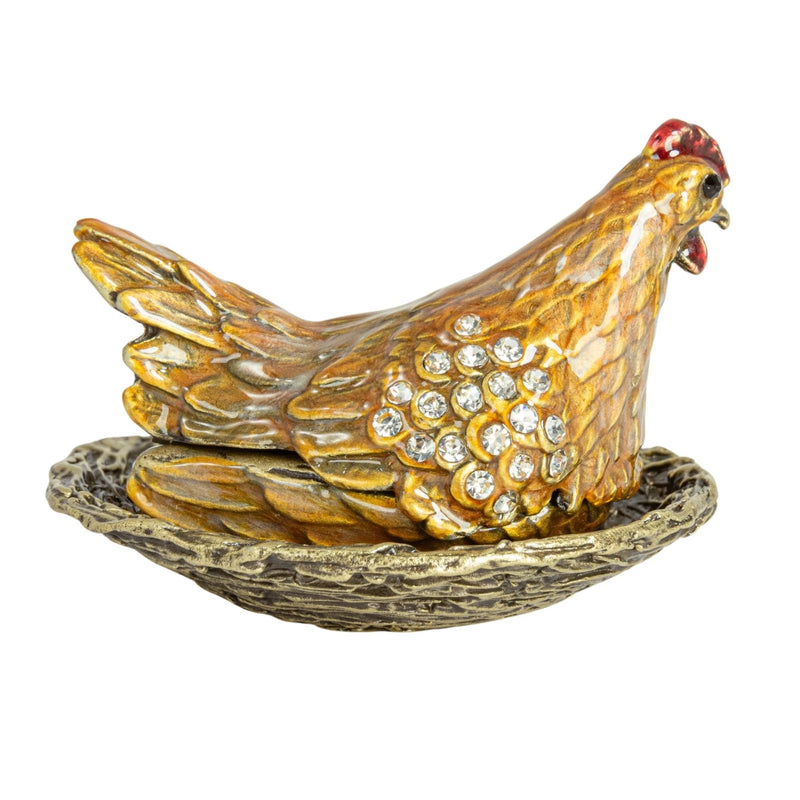 Enameled Metal Hen On Nest Shaped Trinket Box w/ Jewels