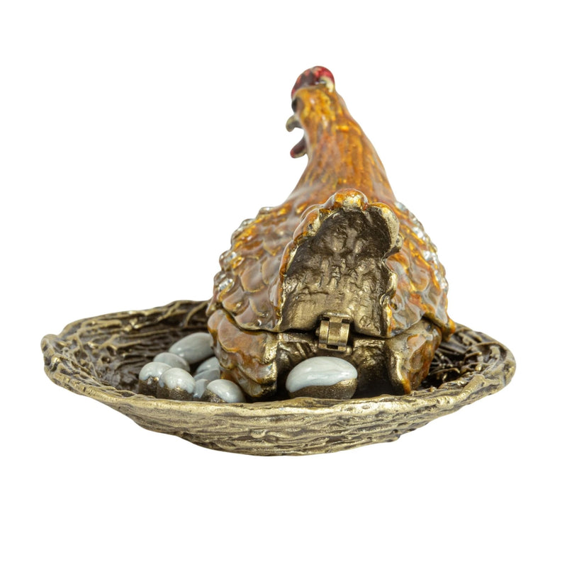 Enameled Metal Hen On Nest Shaped Trinket Box w/ Jewels