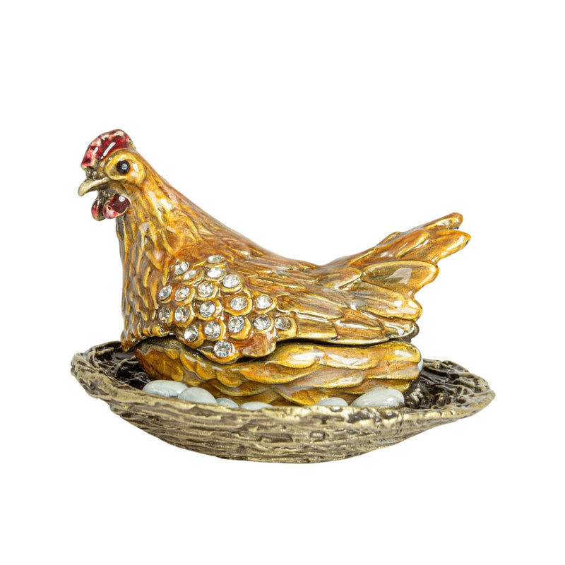 Enameled Metal Hen On Nest Shaped Trinket Box w/ Jewels