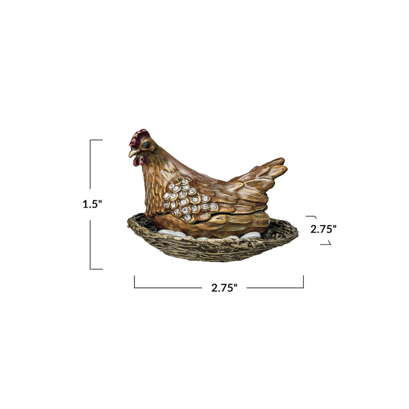 Enameled Metal Hen On Nest Shaped Trinket Box w/ Jewels