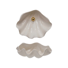Stoneware Clam Shell Shaped Dish with Gold Electroplated Faux Pearl, White