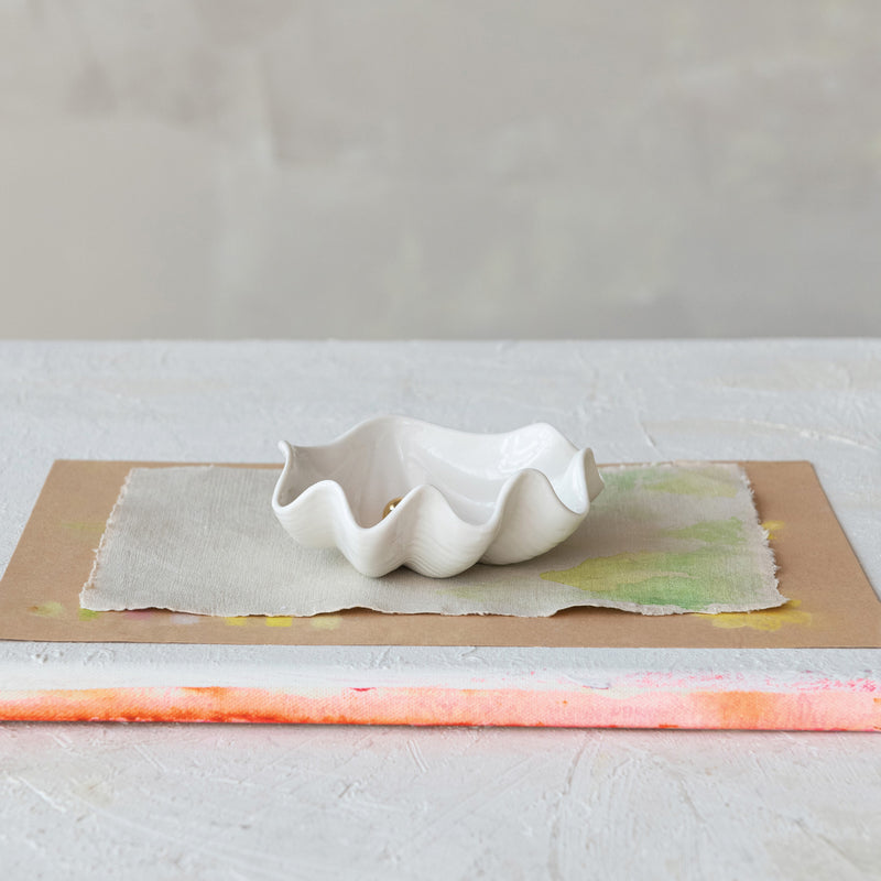 Stoneware Clam Shell Shaped Dish with Gold Electroplated Faux Pearl, White