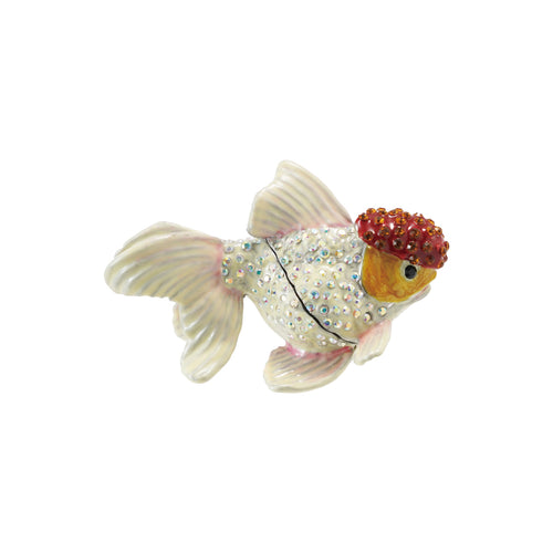 Enameled Metal Goldfish Shaped Trinket Box w/ Jewels, Orange Color & White