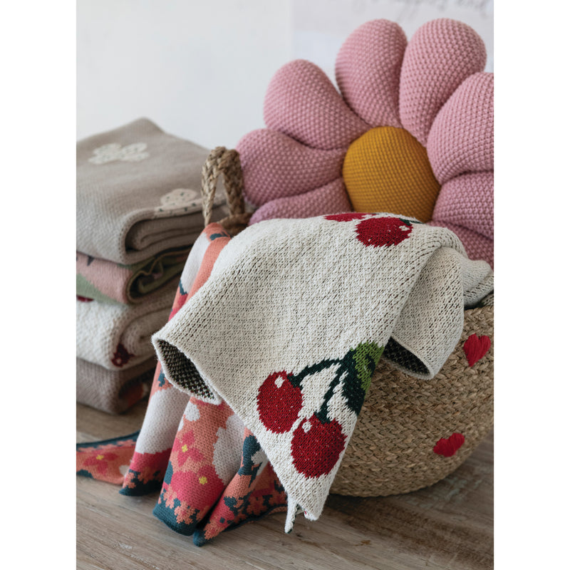 Round Cotton Knit Flower Shaped Pillow, Pink & Yellow