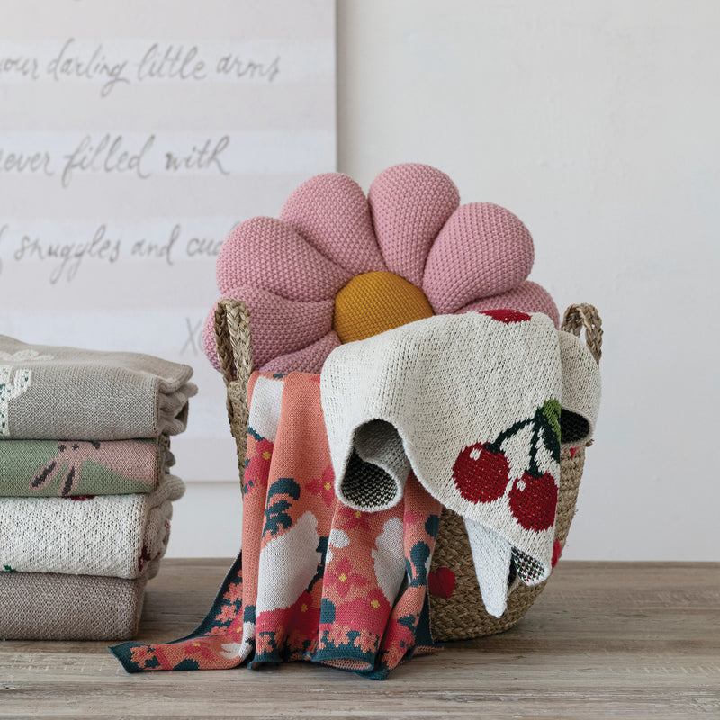 Round Cotton Knit Flower Shaped Pillow, Pink & Yellow