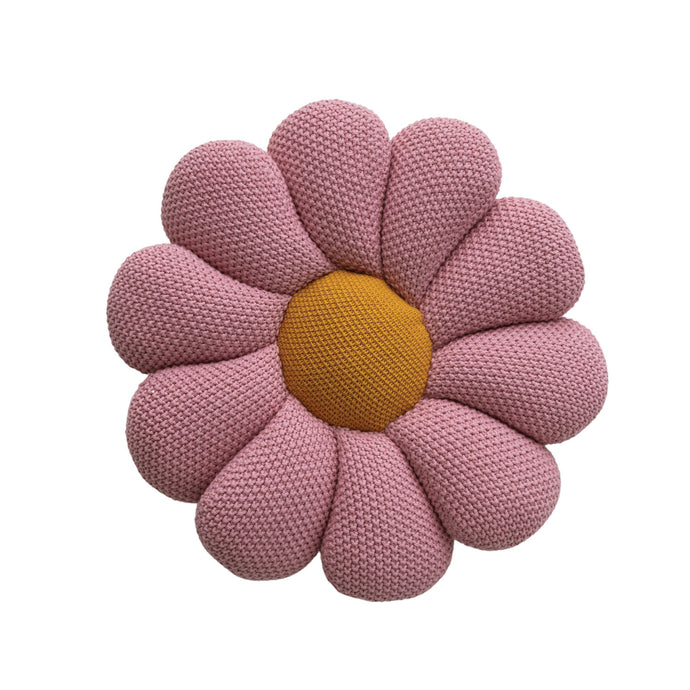 Round Cotton Knit Flower Shaped Pillow, Pink & Yellow