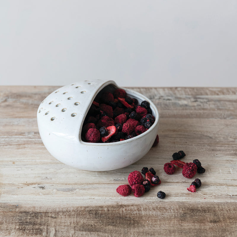 Round x 4"H Stoneware Strainer Bowl, White (Each One Will Vary)