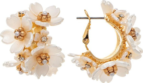 Gold White Flower Bunch Hoop Earring
