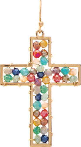 Gold Multicolor Bead Woven Cross Earring