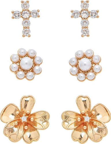 Gold Faith & Flowers Three Post Earring Set
