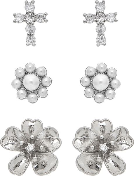 Silver Faith & Flowers Three Post Earring Set