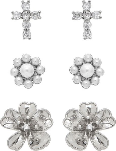 Silver Faith & Flowers Three Post Earring Set