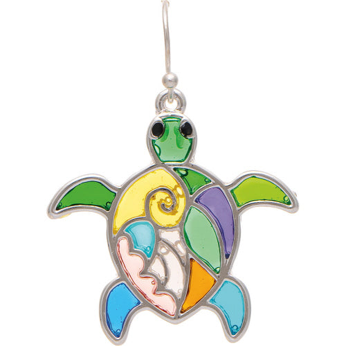 Silver Multicolor Stained Glass Turtle Earring