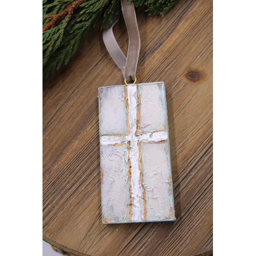 2x4" Handpainted Wood Ornament, Cross, Pale Blue/Gold