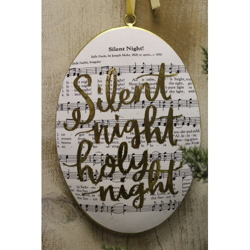6x9" Oval Metal Disc Ornament, Silent Night Music with Gold Accents