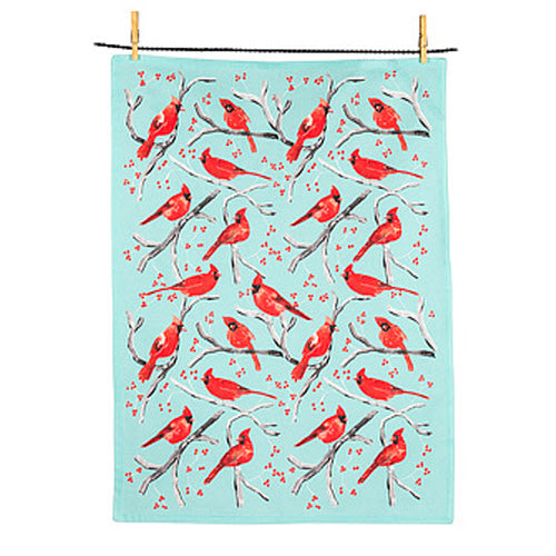 Cardinal Print Kitchen Towel-Turquoise/Red-20x28