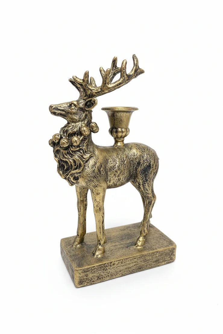 Resin Reindeer Shaped Taper Holder, Antique Gold Finish