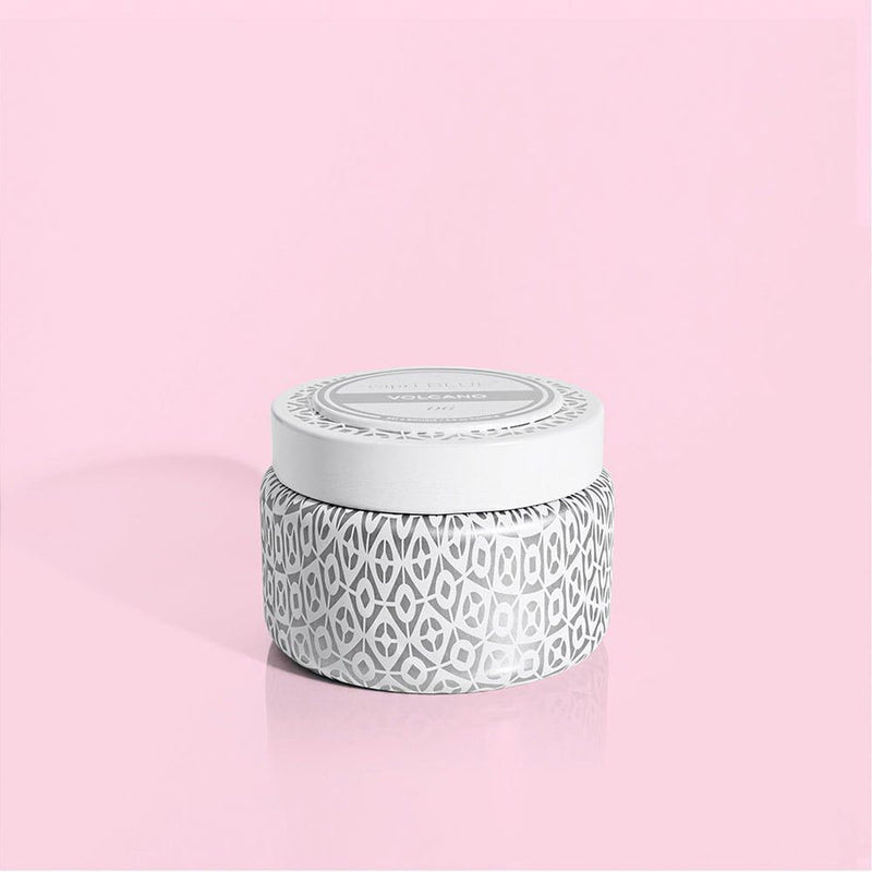 Volcano White Printed Travel Tin Candle, 8.5 oz
