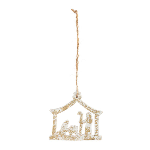 Nativity Scene Gold White Wood Ornament