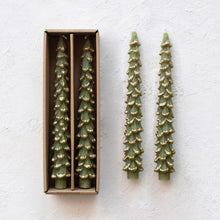 Unscented Tree Shaped Taper Candles w/ Gold Tips in Box, Evergreen Color, Set of 2