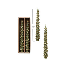 Unscented Tree Shaped Taper Candles w/ Gold Tips in Box, Evergreen Color, Set of 2