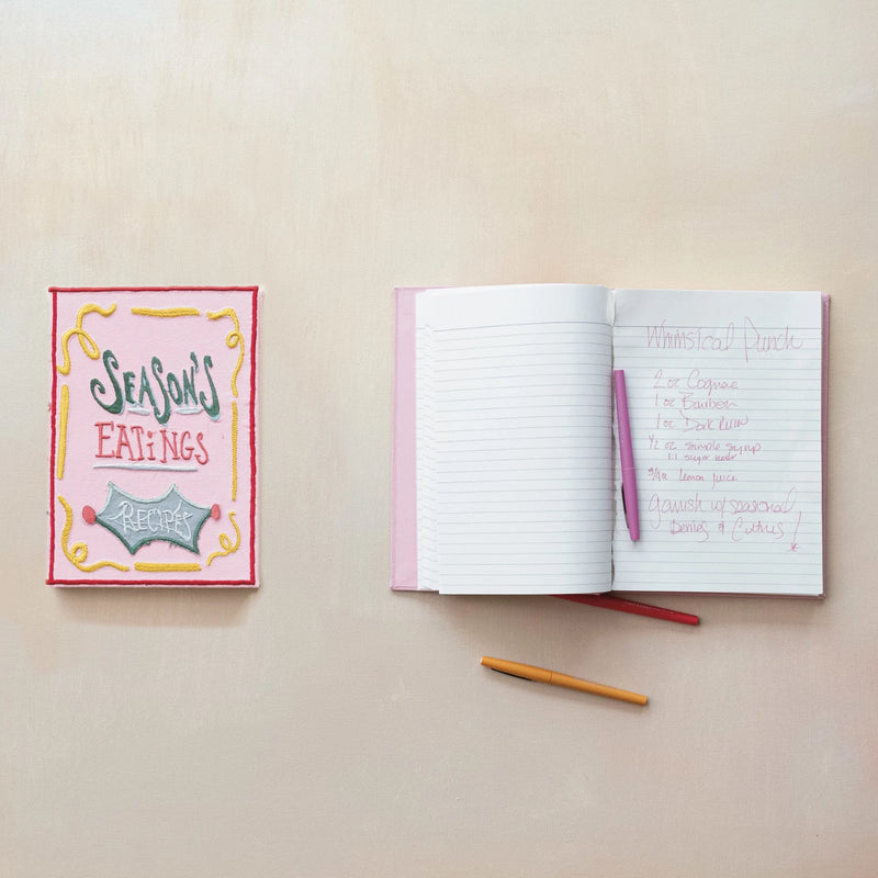 Handmade Paper & Embroidered Fabric Bound Recipe Book w/ 160 Ruled Pages