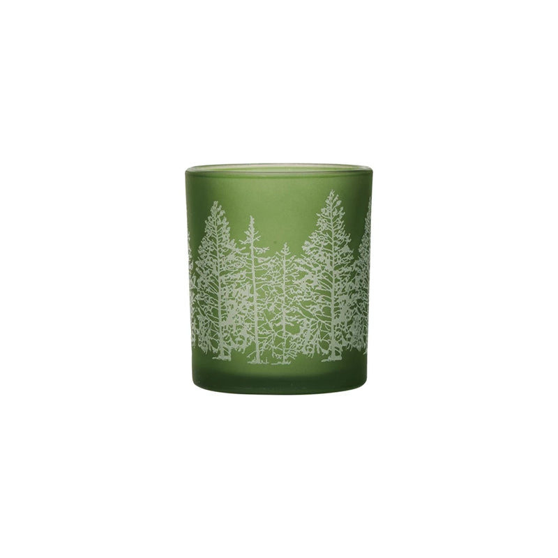 Glass Tealight/Votive Holder w/ Laser Etched Trees, Green
