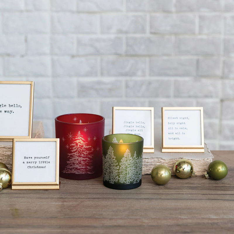 Glass Tealight/Votive Holder w/ Laser Etched Trees, Green