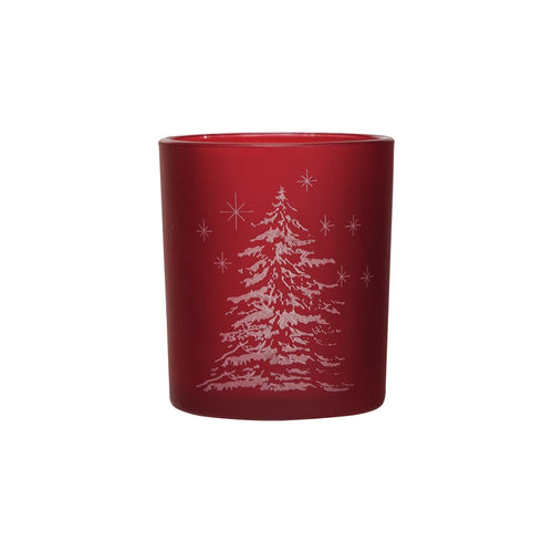 Glass Tealight/Votive Holder w/ Laser Etched Trees, Red