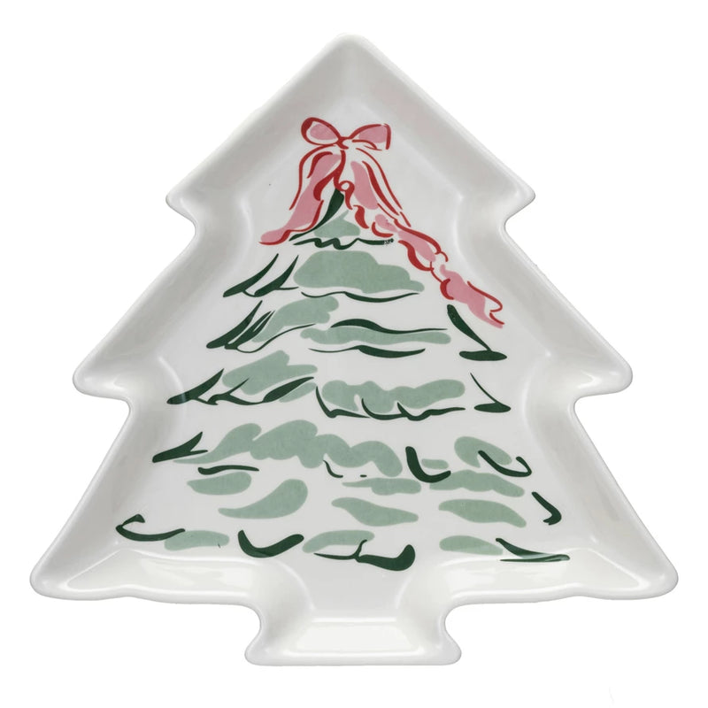 Stoneware Tree Shaped Plate w/ Christmas Tree, Multi Color