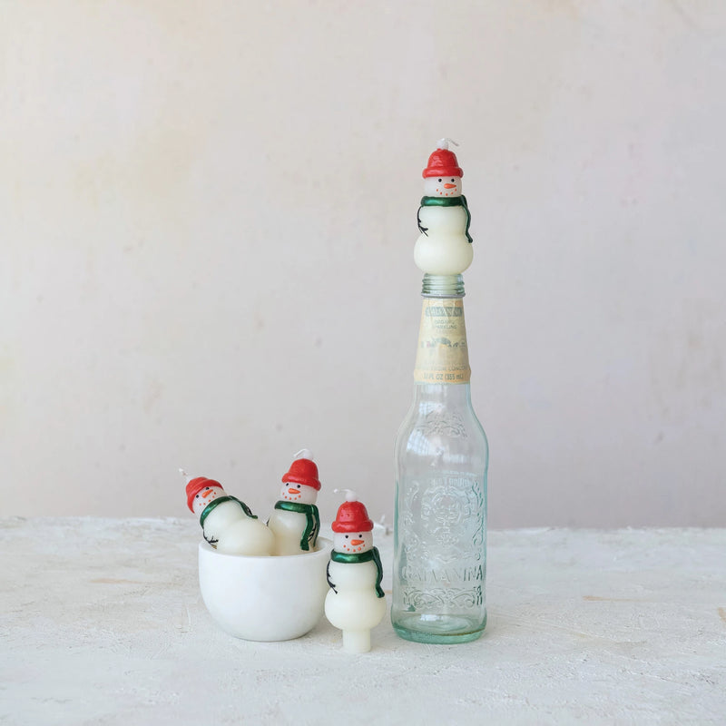 Unscented Snowman Shaped Bottle Taper Candles in Box, Set of 4