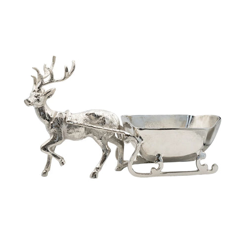 Cast Aluminum Reindeer with Sleigh Bowl, Nickel Finish