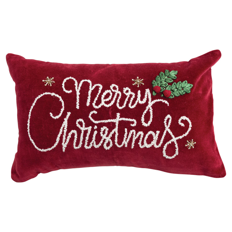 "Merry Christmas" Cotton Velvet Lumbar Pillow with Embroidery & Applique