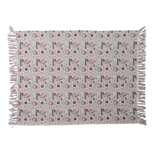 Cotton Slub Printed Throw with Holiday Pattern & Fringe