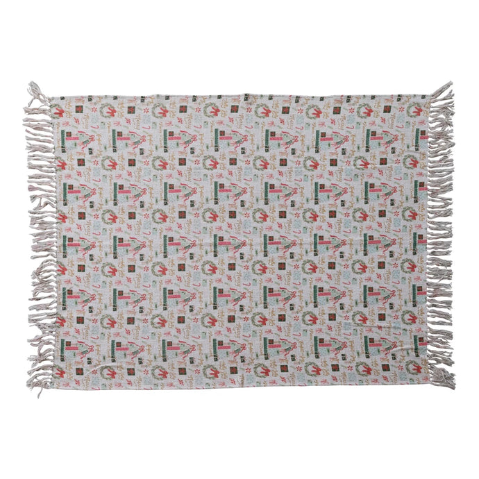 Cotton Slub Printed Throw with Holiday Pattern & Fringe