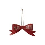 Metal Bow Ornament "Merry and Bright", Gold Finish, Red & White